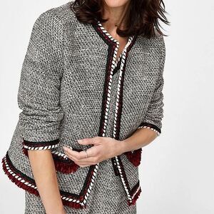ZARA Blazer Fringe Trim Textured Tweed Jacket Pockets Size S • BLOGGER FAVORITE